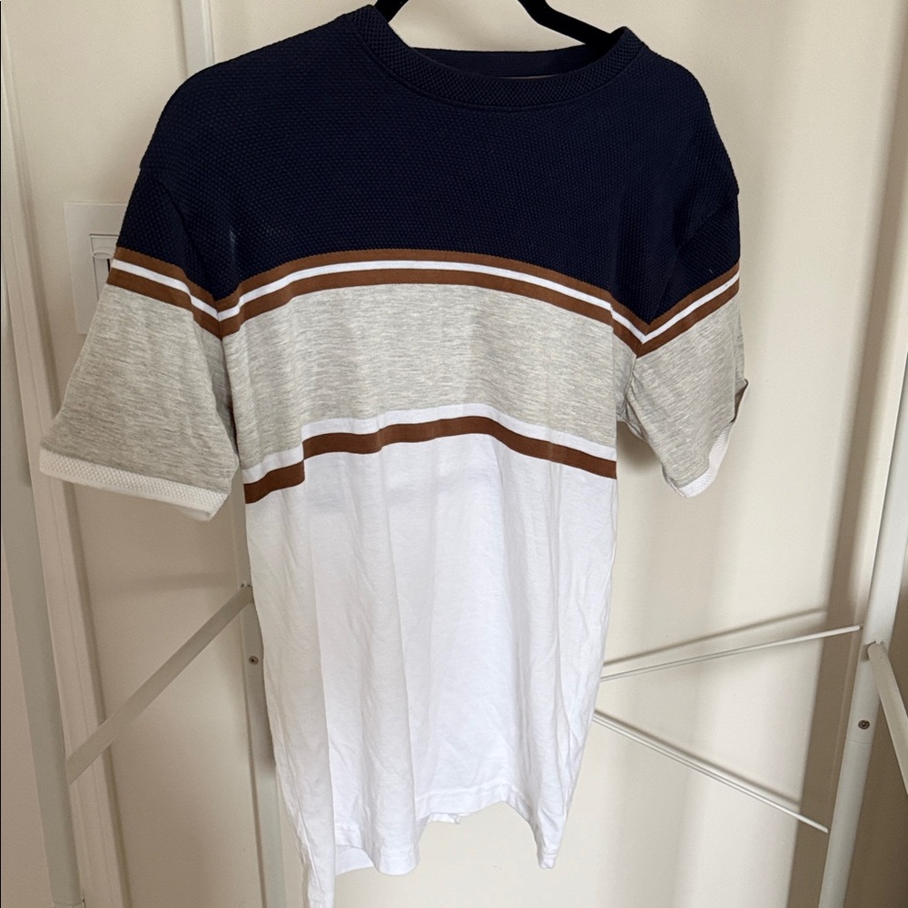 Men's Navy, Gray, and White Striped Shirt